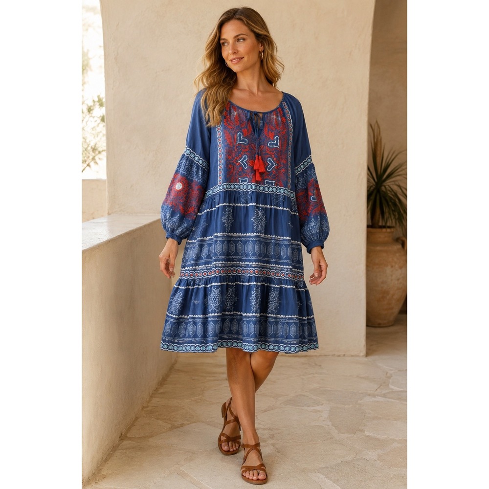 Lula Soul Boutique Boho Embroidered Tiered Cotton Peasant Dress Blue Tassel XL
